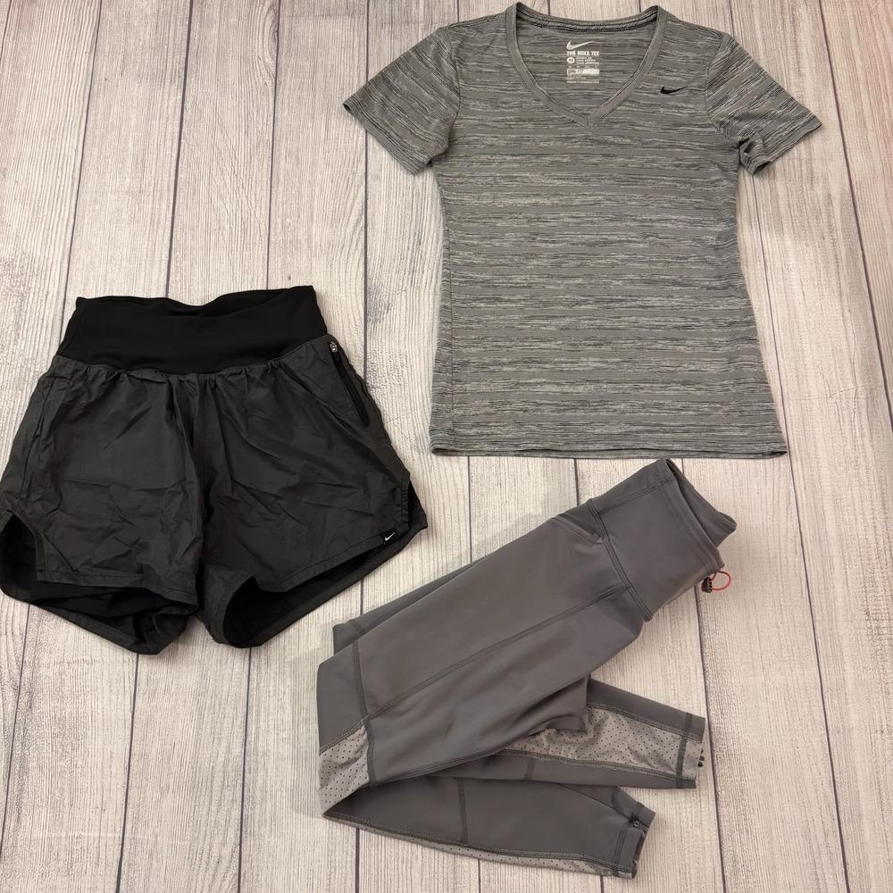 Nike Women's Dri-FIT Running 3 Piece Set Shirt Shorts Leggings Gray XS Workout